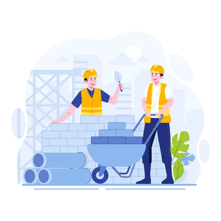 Construction worker building brick wall  イラスト