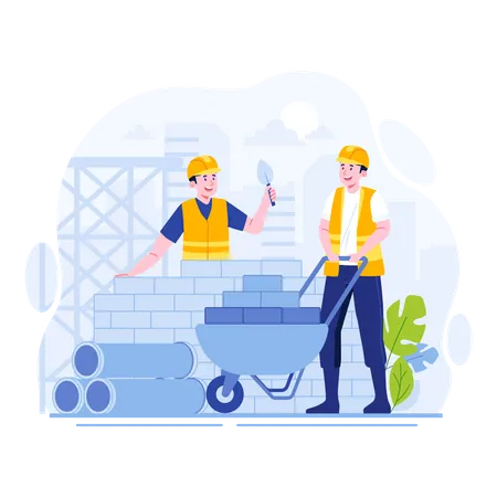 Construction worker building brick wall  Illustration