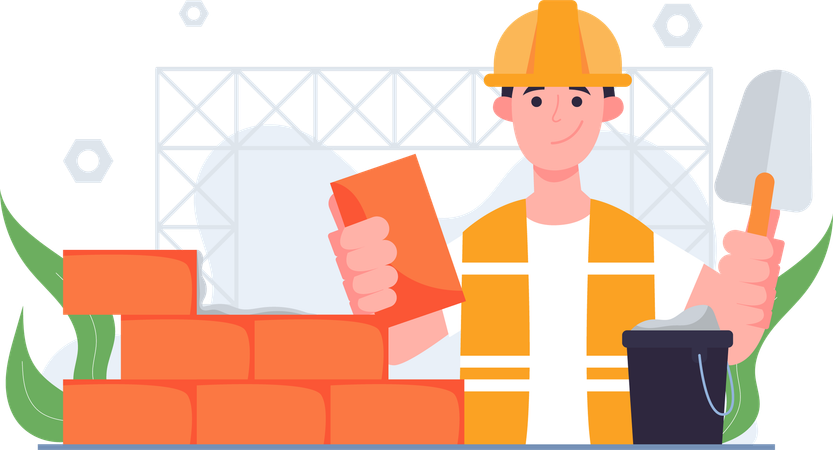 Construction Worker Building Wall  イラスト