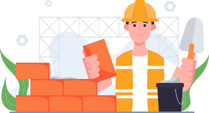 Construction Worker Building Wall  Illustration