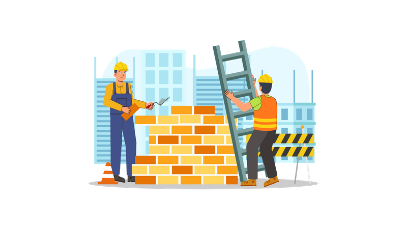 Construction worker building wall  イラスト