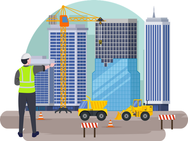 Construction worker checking project progress Illustration