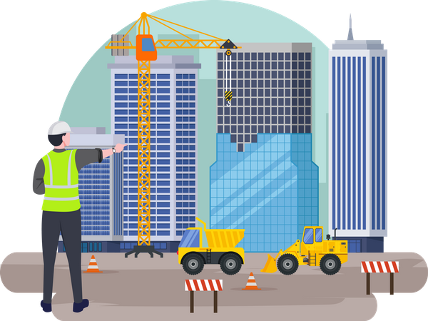 Construction worker checking project progress  Illustration