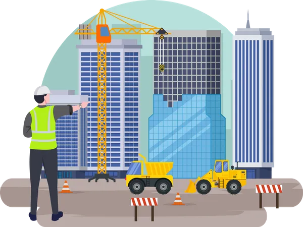 Construction worker checking project progress  Illustration