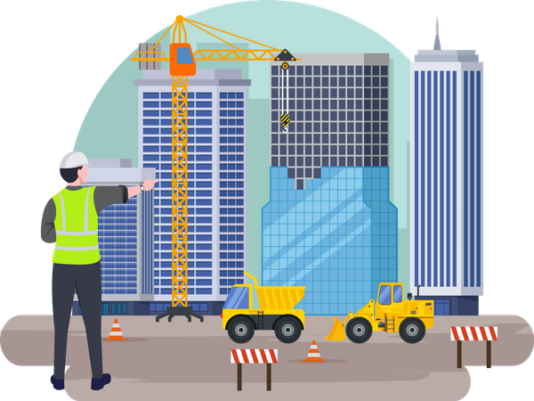 Construction worker checking project progress  Illustration
