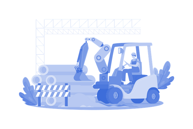 Construction worker clears site with heavy machinery  イラスト