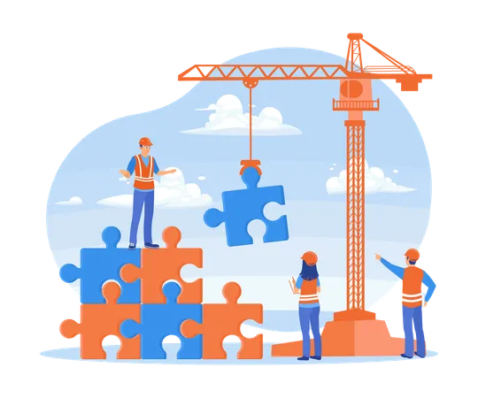 Construction worker connecting puzzle pieces using crane  Illustration