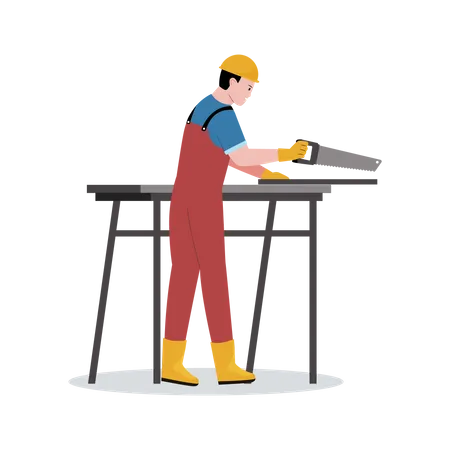 Construction worker cutting wood  Illustration