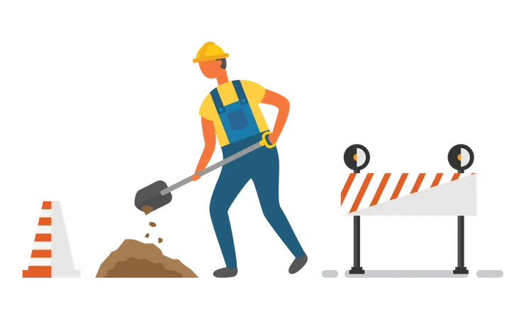 Construction worker digging at construction site  Illustration
