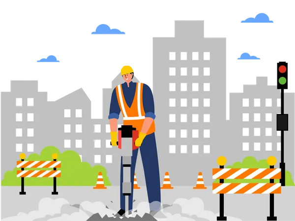 Construction Worker drilling road Illustration