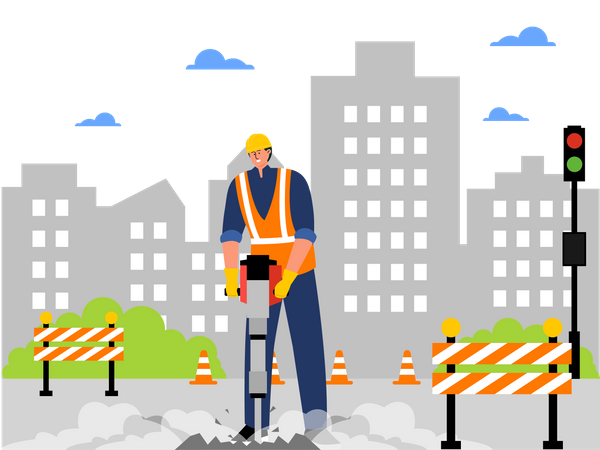 Construction Worker drilling road  Illustration