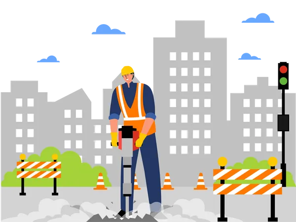 Construction Worker drilling road  Illustration