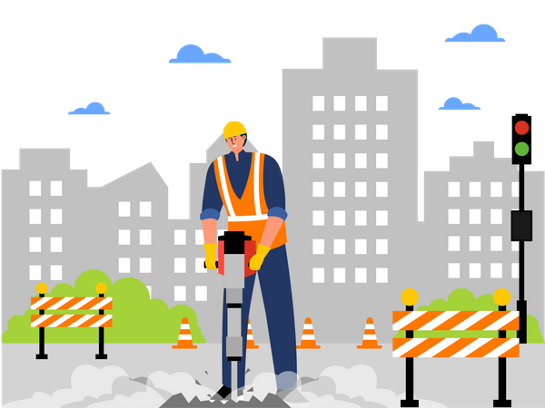 Construction Worker drilling road  Illustration