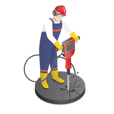 3 D Isometric Flat Vector Icon Of Construction Worker Drilling With Jackhammer Illustration