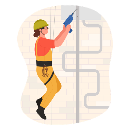 Construction worker hanging on rope with drill  Illustration
