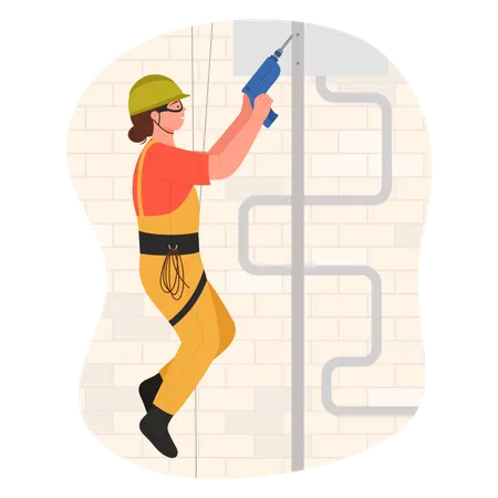 Construction Worker Hanging On Rope With Drill Vector Illustration Cartoon Isolated Scene Of Building Work At Height Woman Industrial Climber In Safety Belt And Helmet Working With Equipment Illustration