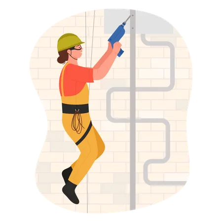 Construction worker hanging on rope with drill  Illustration