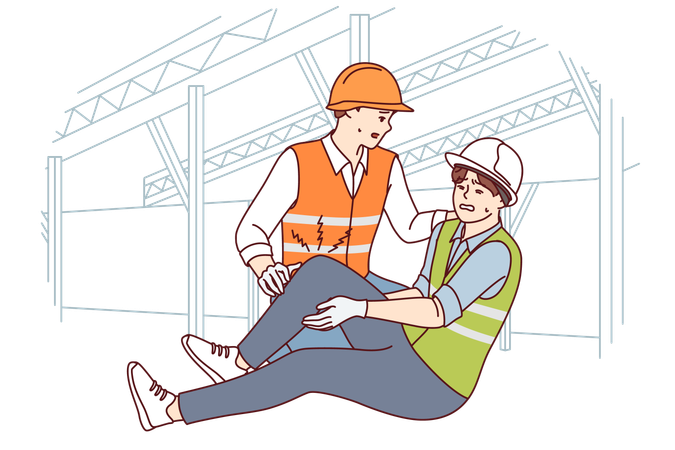 Construction worker helps colleague broke leg and was injured at work due to safety violation  Illustration