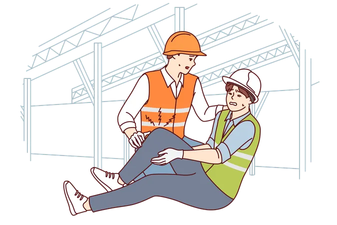Construction Worker Helps Colleague Broke Leg And Was Injured At Work Due To Safety Violation Man In Construction Uniform Needs Doctor Help And Compensation After Incident While Working Illustration