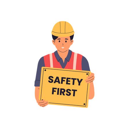 Construction Worker Holding Safety First Sign  Illustration