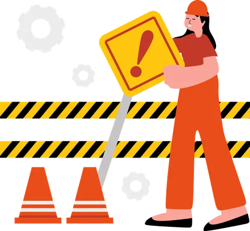 Construction Worker Holding Warning Sign  Illustration