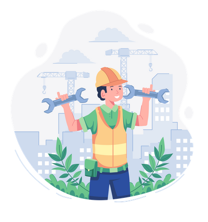 Construction worker holding wrench Illustration