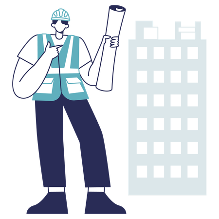 Construction worker holds blueprint  Illustration