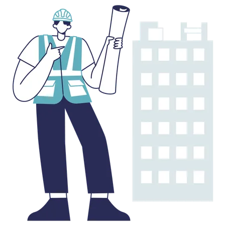 Construction worker holds blueprint  Illustration