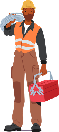 Construction Worker In Uniform Standing while Holding Toolbox In Hand And Wires On Shoulder  Illustration