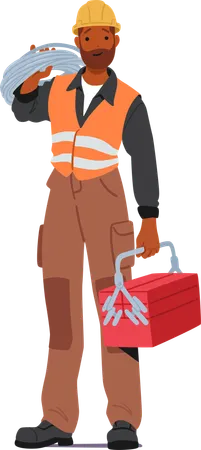 Construction Worker In Uniform Standing while Holding Toolbox In Hand And Wires On Shoulder  Illustration