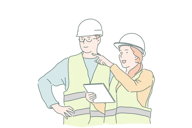 Construction Business Engineering Project Plan Concept Young Woman Master Businesswoman Explains To Builder Foreman Instructions And Requirements Teamwork Working Together Leaders Flat Vector Illustration