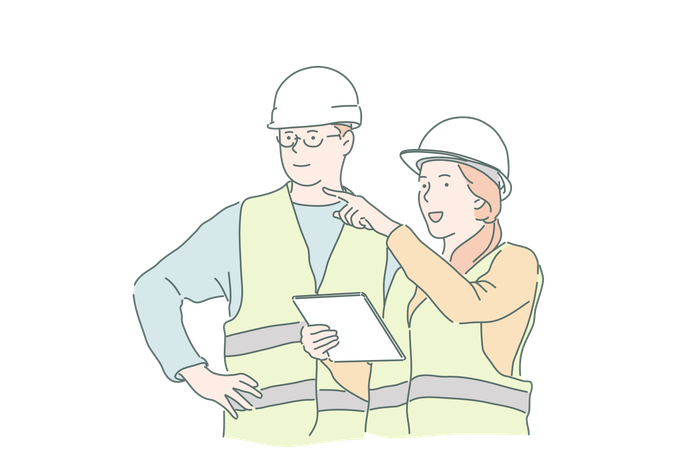 Construction worker is giving advice to engineer  Illustration