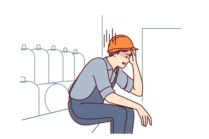 Tired Man Working In Factory Sits Near Production Equipment Holding Head Because Of Nervous Job Nervous Factory Worker In Safety Helmet Needs Psychological Support Due To Poor Working Conditions Illustration