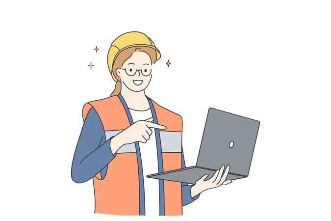 Architects Using Wireless Technology Concept Young Smiling Beautiful Woman Cartoon Character Wearing Protective Helmet And Uniform Holding Laptop And Pointing With Hand And Finger Illustration