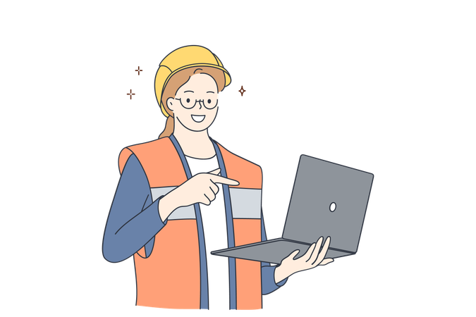 Construction worker is viewing site status online  Illustration