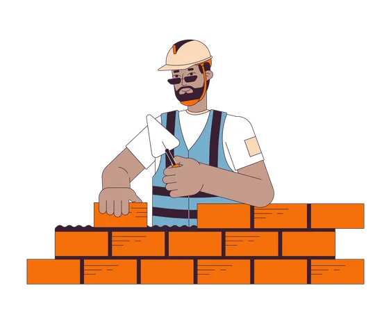 Construction Worker Laying Bricks Line Cartoon Flat Illustration African American Male Home Builder 2 D Lineart Character Isolated On White Background Building Site Scene Vector Color Image Illustration