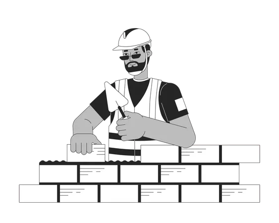 Construction Worker Laying Bricks Black And White Cartoon Flat Illustration African American Male Home Builder 2 D Lineart Character Isolated Building Site Monochrome Scene Vector Outline Image Illustration