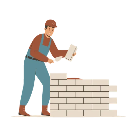 Construction Worker Lays House Brick Wall Illustration