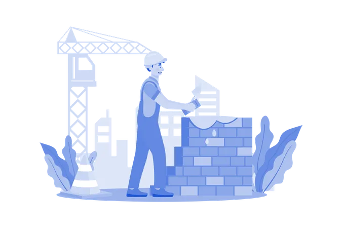 Construction worker lays bricks for wall building  Illustration