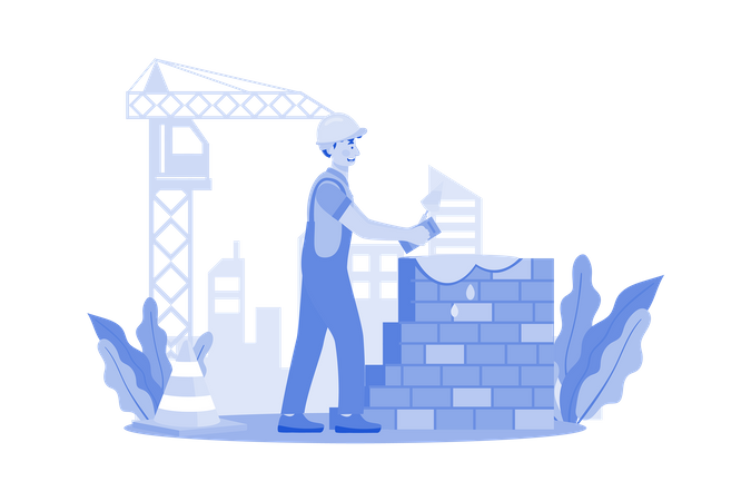 Construction worker lays bricks for wall building  イラスト