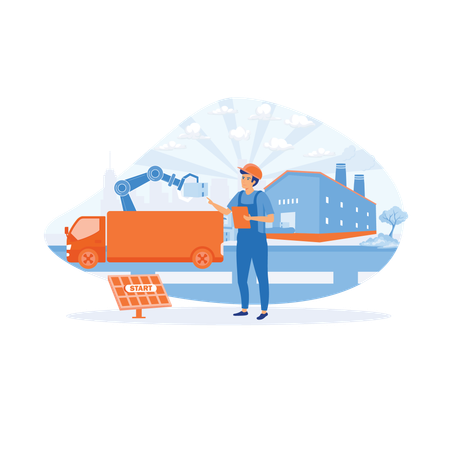 Construction worker loading boxes in delivery truck using robotic arm  Illustration
