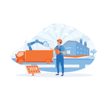 Construction worker loading boxes in delivery truck using robotic arm  Illustration