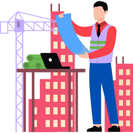 Construction worker looking at design of building  Illustration