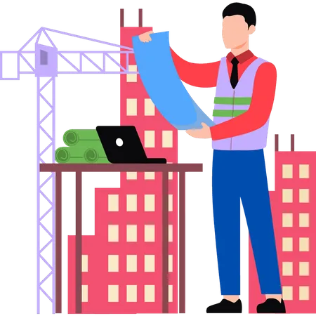 Construction worker looking at design of building Illustration