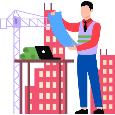 Construction worker looking at design of building  Illustration