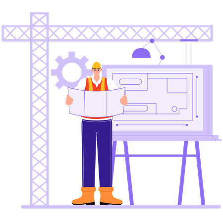 Construction Worker Looking at the Building Design  Illustration