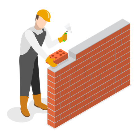 Construction worker making a brick wall  Illustration