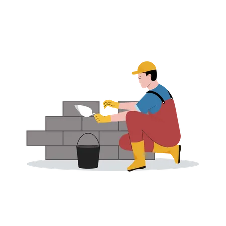 Construction worker making brick wall  Illustration