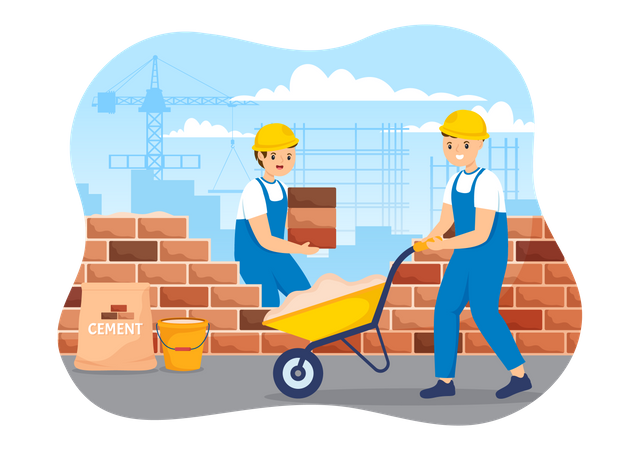 Construction worker making brick wall  イラスト