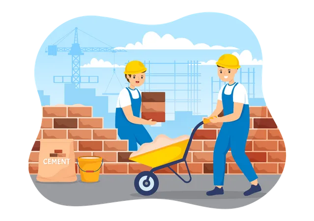 Construction worker making brick wall  Illustration